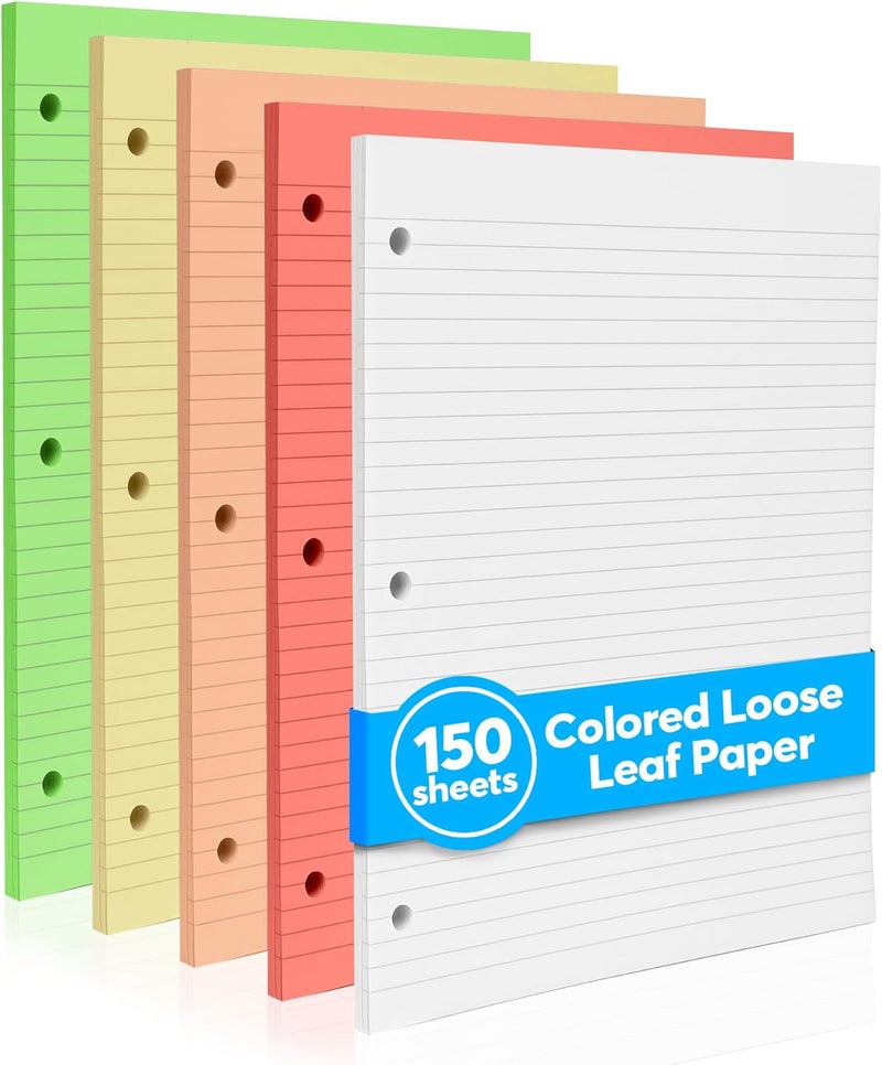 Manaloom Colored Notebook Paper – 8.5 x 11, 150 Sheets – Thick 80 gsm College Ruled Colorful Loose Leaf Filler Paper – 3-Hole Punched Binder Papers for School, Office, and Journaling (Bright) - Image 1